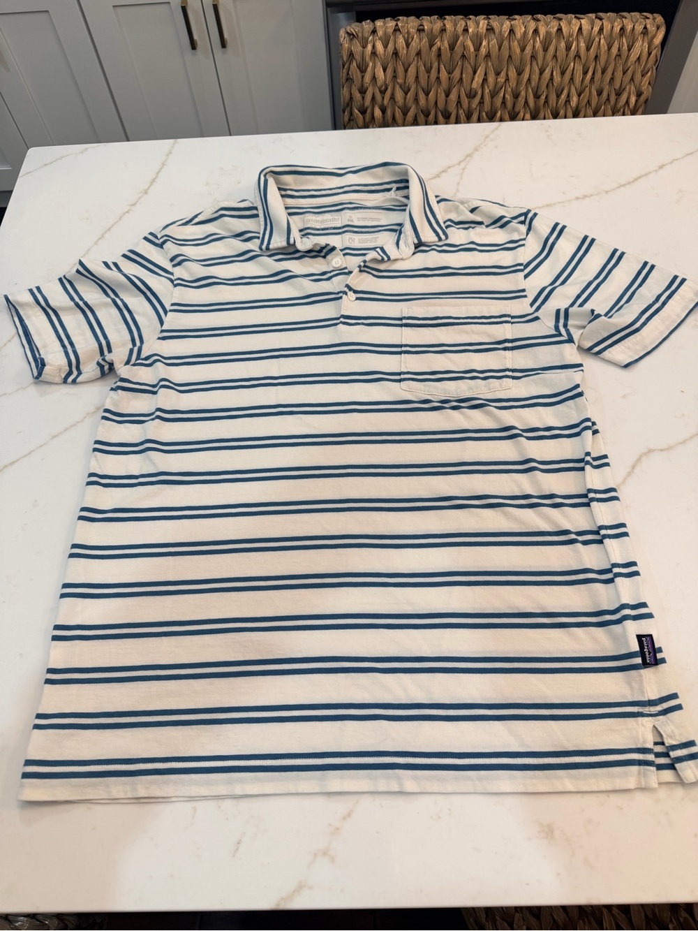 Patagonia Men’s White Polo with Blue Stripes - Size Medium